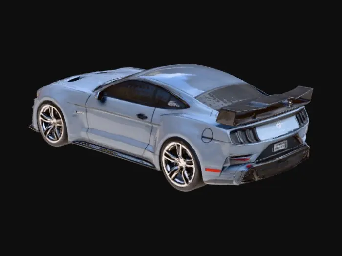 3D model for Futuristic flying car inspired by classic Ford Mustang design. Aggressive muscular body, long hood silhouette, wide stance, fastback rear profile. Smooth aerodynamic surfaces blended with sharp performance lines.
Front features a Mustang-style grille and headlights, adapted for a sci-fi aircraft. Rear has integrated jet thrusters instead of exhaust pipes. Wings or stabilizer fins are compact and flush-mounted into the body (no thin parts).
Vehicle designed as a single unified hard-surface mesh, symmetrical, centered at origin, realistic scale. Solid geometry with consistent thickness, no floating or intersecting parts.
Physically based materials (PBR): painted metal body, subtle wear, glass canopy cockpit, metallic engine parts. Clean topology, quad-dominant where possible, engine-ready.