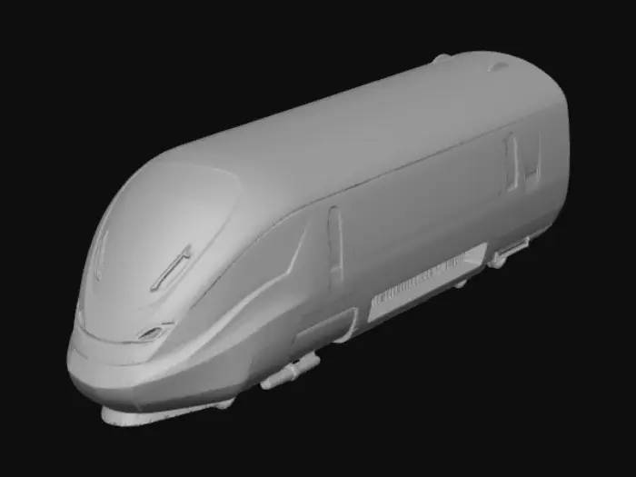 3D model for Ultra-detailed futuristic high-speed train locomotive, sleek aerodynamic nose cone, elongated bullet shape inspired by Japanese Shinkansen and magnetic levitation trains. Metallic silver and gunmetal body with subtle neon blue light strips along edges. Large panoramic dark glass windshield, seamless body panels, minimal visible screws, advanced air intake vents. Clean industrial design, realistic proportions, hard-surface modeling, high poly detail.