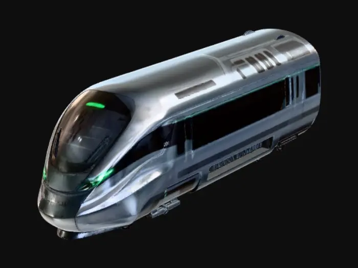 3D model for Ultra-detailed futuristic high-speed train locomotive, sleek aerodynamic nose cone, elongated bullet shape inspired by Japanese Shinkansen and magnetic levitation trains. Metallic silver and gunmetal body with subtle neon blue light strips along edges. Large panoramic dark glass windshield, seamless body panels, minimal visible screws, advanced air intake vents. Clean industrial design, realistic proportions, hard-surface modeling, high poly detail.