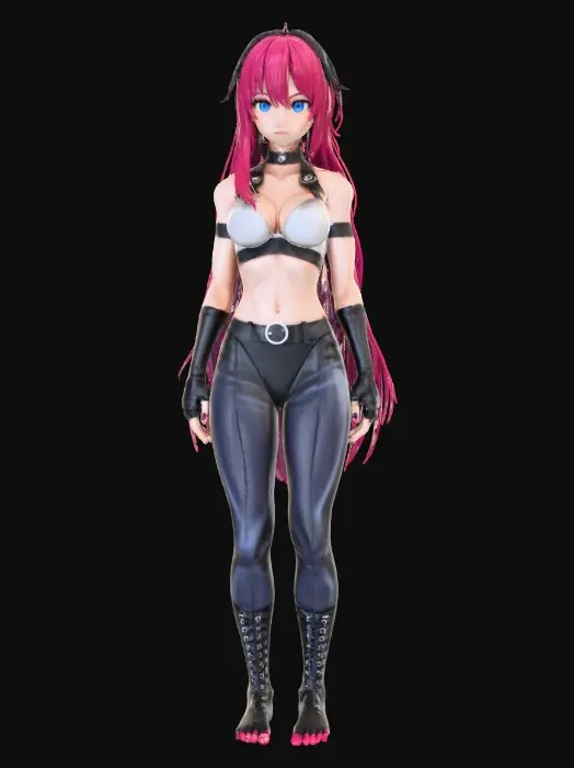 3D model for **"Ultra-detailed anime character in EXACTLY the 'A pose' for a fight 
scene. Shonen style, sapphire blue eyes, deep red hair. NO 
background/text.  
- Pose: knees bent at 90°, torso forward, fists clenched tightly. Head 
tilted 45° down. Legs fully extended with one foot slightly forward.  
- Anatomy: Hyper-detailed musculature (quads, calves, shoulders) with 
subtle shadows showing muscle definition. NO angular joints.  
- Materials: Glossy matte skin (polished marble), metallic sheen on red 
hair. Thin black combat pants with fine wrinkles on thighs. NO patterns.  
- Lighting: Cinematic spotlight from left to right, high contrast shadows 
on ground. ZERO ambient occlusion.  
- Critical: NO facial expressions. ONLY the character model.  
- Style: Sharp edges, vibrant neon palette."**