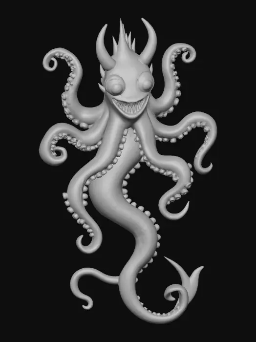 3D model for 8 tentacle creature with 10 eyes and pointy teeth, cartoonish anime style