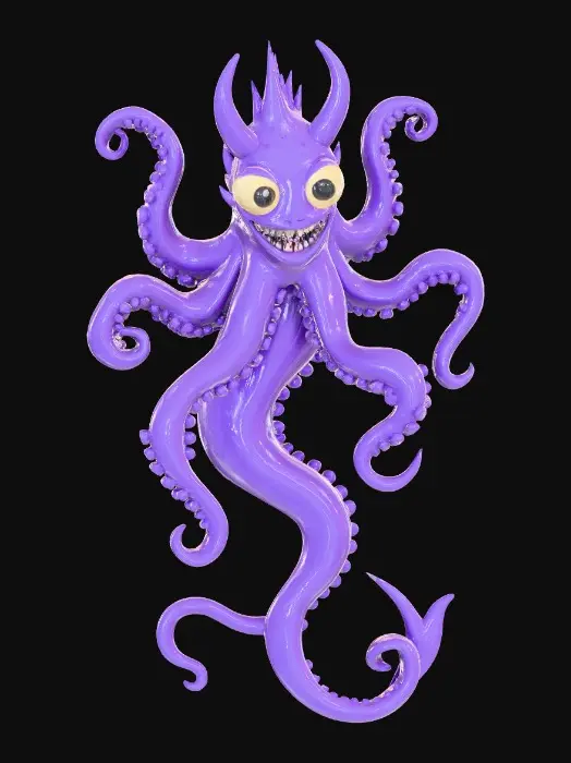 3D model for 8 tentacle creature with 10 eyes and pointy teeth, cartoonish anime style