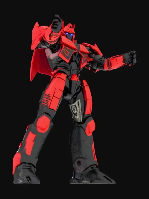 3D model for **"Ultra-detailed Transformers-style robot resembling Galvatron in T-pose.
Majestic metallic armor with exposed mechanical joints, wavy armor
pattern, deep red color. NO background.
Pose: knees bent at 90°, torso forward, shoulders wide. Hands relaxed
(slightly bent), no raised arms.
Anatomy: Hyper-detailed mechanical joints (exposed hips/shoulders), matte
metallic finish with dark grime.
Materials: Glossy metal sheen with dirt stains (no patterns). Thin black
combat pants (for legs).
Lighting: Cinematic spotlight from left, high contrast shadows.
Critical: NO facial expressions. ONLY the robot model."**