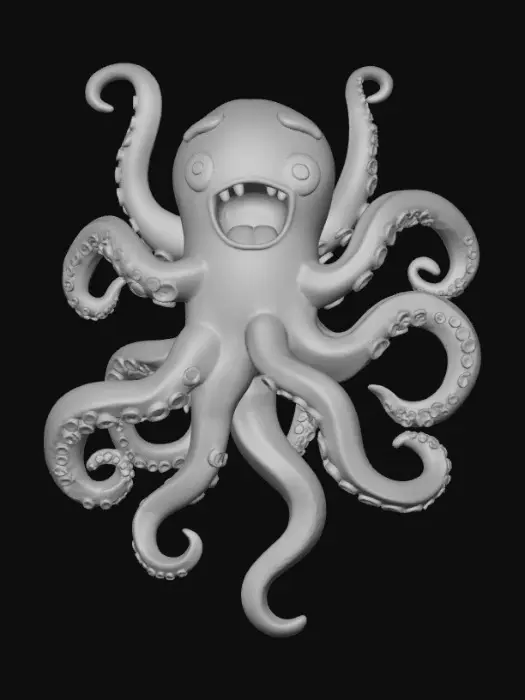 3D model for 8 tentacle creature with 10 eyes and pointy teeth, cartoonish anime style