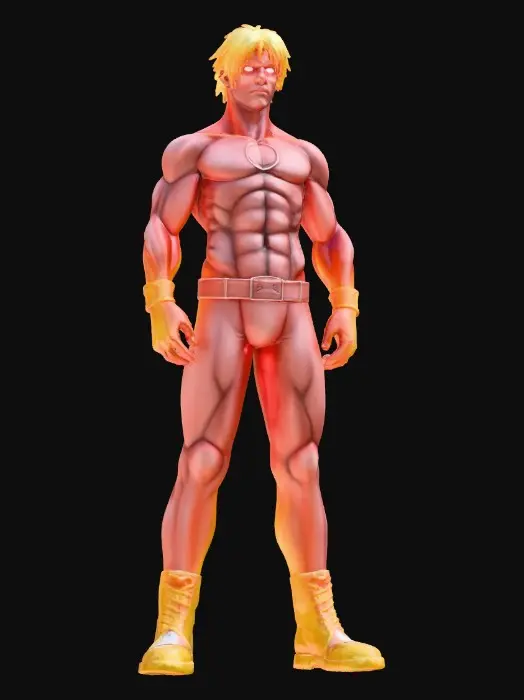 3D model for **"Ultra-detailed anime character in EXACTLY the 'A pose' for a fight 
scene. Shonen style, sapphire blue eyes, deep red hair. NO 
background/text.  
- Pose: knees bent at 90°, torso forward, fists clenched tightly. Head 
tilted 45° down. Legs fully extended with one foot slightly forward.  
- Anatomy: Hyper-detailed musculature (quads, calves, shoulders) with 
subtle shadows showing muscle definition. NO angular joints.  
- Materials: Glossy matte skin (polished marble), metallic sheen on red 
hair. Thin black combat pants with fine wrinkles on thighs. NO patterns.  
- Lighting: Cinematic spotlight from left to right, high contrast shadows 
on ground. ZERO ambient occlusion.  
- Critical: NO facial expressions. ONLY the character model.  
- Style: Sharp edges, vibrant neon palette."**
