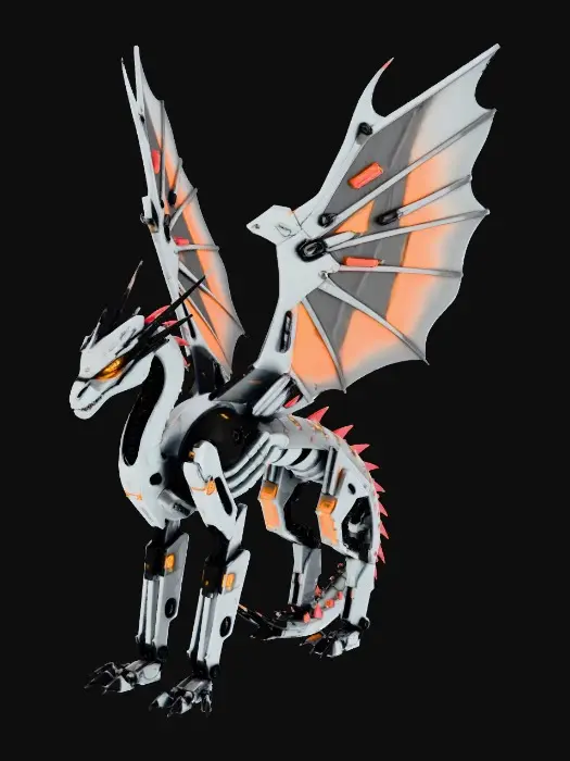 3D model for Ultra-futuristic robotic dragon, massive and majestic, biomechanical design blending advanced robotics with dragon anatomy, segmented titanium and carbon-fiber armor plates, exposed high-tech joints and actuators, glowing energy cores embedded in the chest and wings, sharp angular head with luminous optical sensors for eyes. Mechanical wings with articulated panels, energy-powered thrusters along the wing edges, tail composed of modular segments with integrated plasma conduits. Neon energy circuits running across the body, holographic scales, sci-fi metallic surfaces with subtle wear, cinematic lighting, intimidating presence. Hard-surface sci-fi model, high detail, realistic proportions, clean topology, game-ready, PBR materials, ultra-advanced technology aesthetic.
