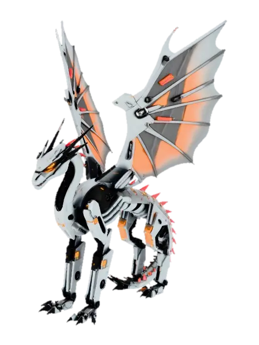 Ultra-futuristic robotic dragon, massive and majestic, biomechanical design… - Dragonwings 3D model, vytvořený pomocí AI