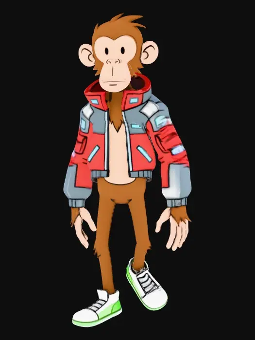 3D model for A high-quality 2D vector art illustration of a Monkey McFly (film ala Back to the Future scene), designed in the iconic art style of 'The Curse of Monkey Island' by LucasArts. The character has a simplified, clean cartoon aesthetic with bold, expressive lines and a slightly lanky physique. Monkey McFly is wearing his futuristic self-adjusting jacket and glowing sneakers. Background: A minimalist, flat-color 3D futuristic Hill Valley with simple geometric shapes and clear angles. Lighting: Clean cel-shading with no gradients. Composition: Full body shot, 45-degree angle view, sharp focus, vibrant but solid colors.