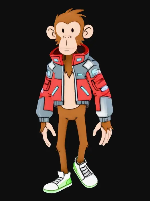 3D model for A high-quality 2D vector art illustration of a Monkey McFly (film ala Back to the Future scene), designed in the iconic art style of 'The Curse of Monkey Island' by LucasArts. The character has a simplified, clean cartoon aesthetic with bold, expressive lines and a slightly lanky physique. Monkey McFly is wearing his futuristic self-adjusting jacket and glowing sneakers. Background: A minimalist, flat-color 3D futuristic Hill Valley with simple geometric shapes and clear angles. Lighting: Clean cel-shading with no gradients. Composition: Full body shot, 45-degree angle view, sharp focus, vibrant but solid colors.