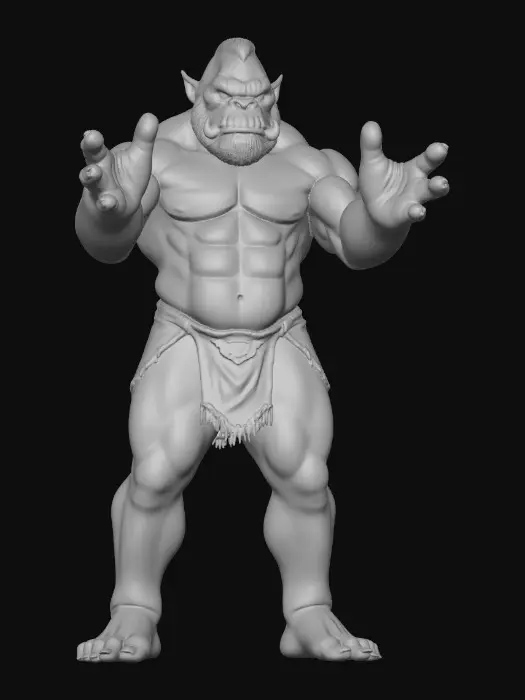 3D model for Ultra-realistic ogre character with humanoid anatomy and believable exaggerated proportions. Very tall, bulky build, broad shoulders, thick neck, large hands and feet, strong legs. Realistic muscle and skeletal structure for animation.
Heavy ogre face with pronounced brow, wide nose, small tusks, deep-set eyes, scars and wrinkles. Neutral expression, mouth closed.
Full body with legs and feet, standing in neutral A-pose, arms slightly away from body, fingers relaxed and separated, symmetrical pose.
Rough leathery skin with pores and imperfections, natural green-grey skin tone. Minimal tight leather loincloth and belt only.
Physically based materials (PBR), clean quad-dominant topology, even mesh density, clean edge flow at joints and face, no intersecting geometry. Single unified mesh.