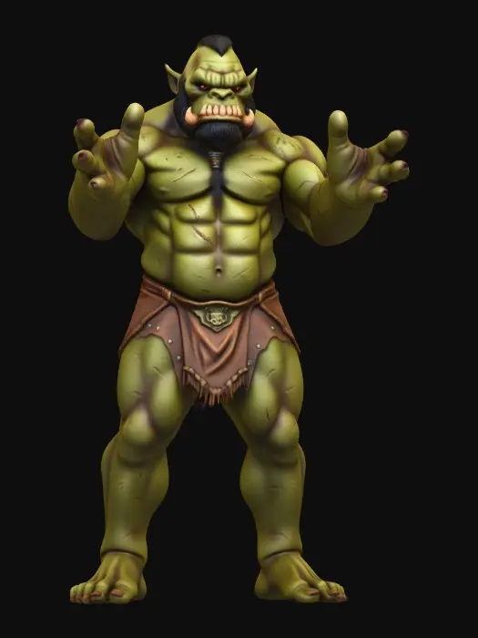 3D model for Ultra-realistic ogre character with humanoid anatomy and believable exaggerated proportions. Very tall, bulky build, broad shoulders, thick neck, large hands and feet, strong legs. Realistic muscle and skeletal structure for animation.
Heavy ogre face with pronounced brow, wide nose, small tusks, deep-set eyes, scars and wrinkles. Neutral expression, mouth closed.
Full body with legs and feet, standing in neutral A-pose, arms slightly away from body, fingers relaxed and separated, symmetrical pose.
Rough leathery skin with pores and imperfections, natural green-grey skin tone. Minimal tight leather loincloth and belt only.
Physically based materials (PBR), clean quad-dominant topology, even mesh density, clean edge flow at joints and face, no intersecting geometry. Single unified mesh.