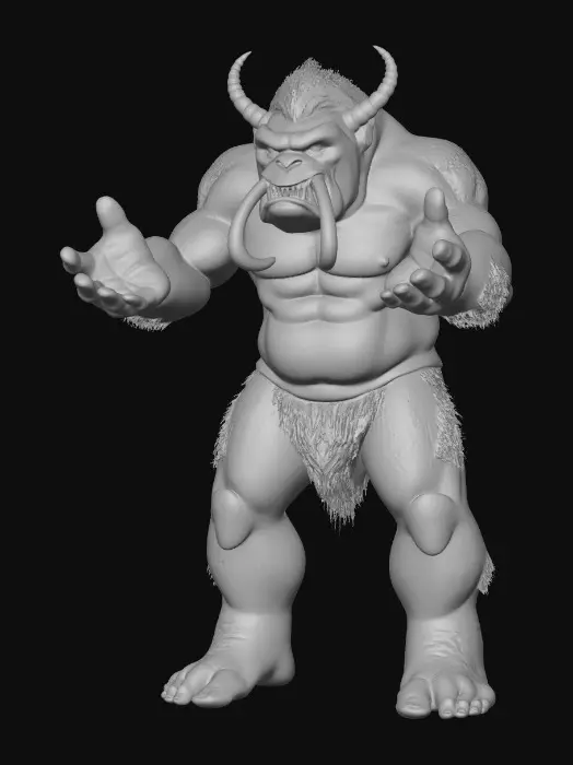 3D model for Ultra-realistic ogre character with humanoid anatomy and believable exaggerated proportions. Very tall, bulky build, broad shoulders, thick neck, large hands and feet, strong legs. Realistic muscle and skeletal structure for animation.
Heavy ogre face with pronounced brow, wide nose, small tusks, deep-set eyes, scars and wrinkles. Neutral expression, mouth closed.
Full body with legs and feet, standing in neutral A-pose, arms slightly away from body, fingers relaxed and separated, symmetrical pose.
Rough leathery skin with pores and imperfections, natural green-grey skin tone. Minimal tight leather loincloth and belt only.
Physically based materials (PBR), clean quad-dominant topology, even mesh density, clean edge flow at joints and face, no intersecting geometry. Single unified mesh.