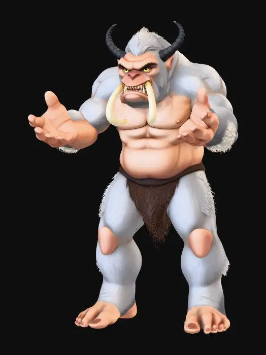 3D model for Ultra-realistic ogre character with humanoid anatomy and believable exaggerated proportions. Very tall, bulky build, broad shoulders, thick neck, large hands and feet, strong legs. Realistic muscle and skeletal structure for animation.
Heavy ogre face with pronounced brow, wide nose, small tusks, deep-set eyes, scars and wrinkles. Neutral expression, mouth closed.
Full body with legs and feet, standing in neutral A-pose, arms slightly away from body, fingers relaxed and separated, symmetrical pose.
Rough leathery skin with pores and imperfections, natural green-grey skin tone. Minimal tight leather loincloth and belt only.
Physically based materials (PBR), clean quad-dominant topology, even mesh density, clean edge flow at joints and face, no intersecting geometry. Single unified mesh.