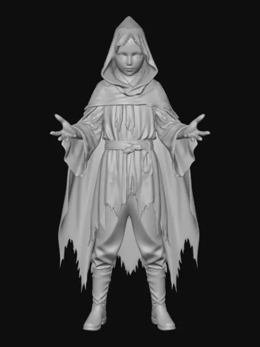 3D model for High-quality, game-ready character inspired by classic children’s fairy tales (Little Red Riding Hood / Rapunzel / Three Little Pigs), reimagined in a Pixar-style dark fantasy aesthetic. Stylized proportions with oversized head and expressive eyes, but with an eerie, unsettling mood. Slightly exaggerated facial features, tense expressions, subtle scars or imperfections, dramatic lighting baked into textures. Clean topology, optimized low-to-mid poly count, UV-unwrapped, PBR textures (albedo, roughness, normal). Detailed clothing with worn fabrics, frayed edges, dark color palette. Neutral A-pose or T-pose, rigging-ready. Character only, no base or environment. Unreal Engine / Unity compatible.