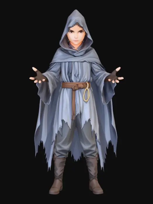 3D model for High-quality, game-ready character inspired by classic children’s fairy tales (Little Red Riding Hood / Rapunzel / Three Little Pigs), reimagined in a Pixar-style dark fantasy aesthetic. Stylized proportions with oversized head and expressive eyes, but with an eerie, unsettling mood. Slightly exaggerated facial features, tense expressions, subtle scars or imperfections, dramatic lighting baked into textures. Clean topology, optimized low-to-mid poly count, UV-unwrapped, PBR textures (albedo, roughness, normal). Detailed clothing with worn fabrics, frayed edges, dark color palette. Neutral A-pose or T-pose, rigging-ready. Character only, no base or environment. Unreal Engine / Unity compatible.