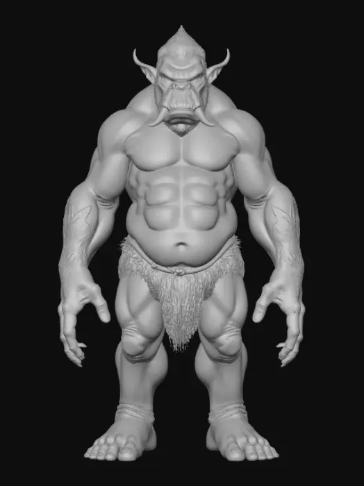 3D model for Ultra-realistic ogre character with humanoid anatomy and believable exaggerated proportions. Very tall, bulky build, broad shoulders, thick neck, large hands and feet, strong legs. Realistic muscle and skeletal structure for animation.
Heavy ogre face with pronounced brow, wide nose, small tusks, deep-set eyes, scars and wrinkles. Neutral expression, mouth closed.
Full body with legs and feet, standing in neutral A-pose, arms slightly away from body, fingers relaxed and separated, symmetrical pose.
Rough leathery skin with pores and imperfections, natural green-grey skin tone. Minimal tight leather loincloth and belt only.
Physically based materials (PBR), clean quad-dominant topology, even mesh density, clean edge flow at joints and face, no intersecting geometry. Single unified mesh.