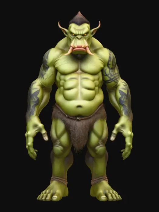 3D model for Ultra-realistic ogre character with humanoid anatomy and believable exaggerated proportions. Very tall, bulky build, broad shoulders, thick neck, large hands and feet, strong legs. Realistic muscle and skeletal structure for animation.
Heavy ogre face with pronounced brow, wide nose, small tusks, deep-set eyes, scars and wrinkles. Neutral expression, mouth closed.
Full body with legs and feet, standing in neutral A-pose, arms slightly away from body, fingers relaxed and separated, symmetrical pose.
Rough leathery skin with pores and imperfections, natural green-grey skin tone. Minimal tight leather loincloth and belt only.
Physically based materials (PBR), clean quad-dominant topology, even mesh density, clean edge flow at joints and face, no intersecting geometry. Single unified mesh.