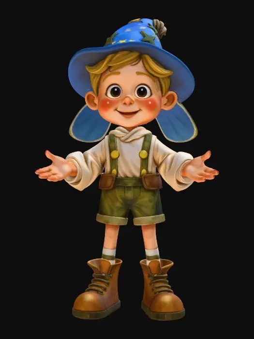 3D model for High-quality, game-ready fairy-tale character inspired by classic children’s stories (one of: Little Red Riding Hood / Rapunzel / Three Little Pigs style). Stylized but semi-realistic proportions, appealing and friendly look, suitable for a family-friendly game. Clean topology, optimized low-to-mid poly count, UV-unwrapped, PBR textures (albedo, roughness, normal). Expressive face, large eyes, soft features. Detailed clothing with fabric folds and stitching, fairy-tale aesthetic. Neutral A-pose or T-pose, rigging-ready. No base, no environment, character only. Unreal Engine / Unity compatible.