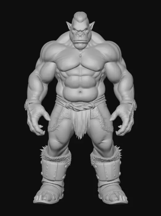 3D model for Ultra-realistic ogre character with humanoid anatomy and believable exaggerated proportions. Very tall, bulky build, broad shoulders, thick neck, large hands and feet, strong legs. Realistic muscle and skeletal structure for animation.
Heavy ogre face with pronounced brow, wide nose, small tusks, deep-set eyes, scars and wrinkles. Neutral expression, mouth closed.
Full body with legs and feet, standing in neutral A-pose, arms slightly away from body, fingers relaxed and separated, symmetrical pose.
Rough leathery skin with pores and imperfections, natural green-grey skin tone. Minimal tight leather loincloth and belt only.
Physically based materials (PBR), clean quad-dominant topology, even mesh density, clean edge flow at joints and face, no intersecting geometry. Single unified mesh.