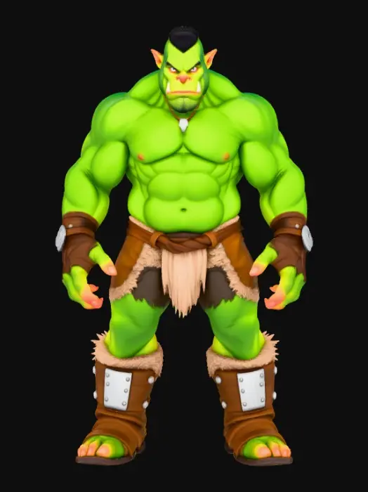 3D model for Ultra-realistic ogre character with humanoid anatomy and believable exaggerated proportions. Very tall, bulky build, broad shoulders, thick neck, large hands and feet, strong legs. Realistic muscle and skeletal structure for animation.
Heavy ogre face with pronounced brow, wide nose, small tusks, deep-set eyes, scars and wrinkles. Neutral expression, mouth closed.
Full body with legs and feet, standing in neutral A-pose, arms slightly away from body, fingers relaxed and separated, symmetrical pose.
Rough leathery skin with pores and imperfections, natural green-grey skin tone. Minimal tight leather loincloth and belt only.
Physically based materials (PBR), clean quad-dominant topology, even mesh density, clean edge flow at joints and face, no intersecting geometry. Single unified mesh.