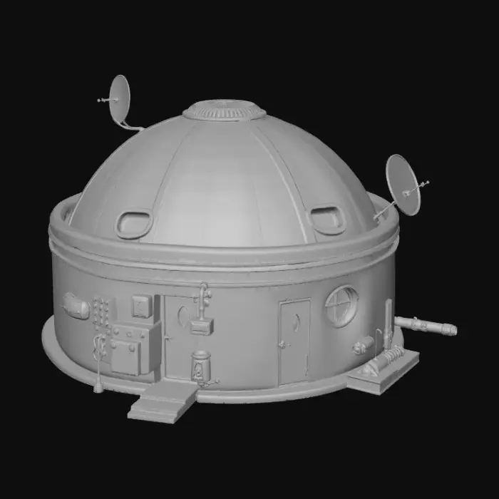 3D model for Small futuristic desert house inspired by Star Wars architecture. Compact single-family dwelling with rounded, domed concrete structure built into rocky terrain. Thick walls, smooth curved surfaces, simple rectangular door, small recessed windows.
Exterior details include vents, pipes, utility boxes, moisture harvester unit, antenna and small satellite dish on the roof. Subtle sci-fi technology integrated into the walls, functional and modest, middle-class home.
Weathered stone and plaster materials with sand wear, dust buildup, chipped edges. No vehicles, no characters.
Single unified hard-surface mesh, solid geometry, consistent thickness, no thin parts, symmetrical where possible, centered at origin, realistic scale. PBR-ready materials, clean topology suitable for game engine rendering
