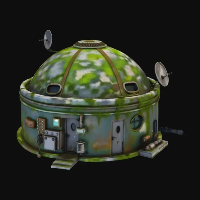 3D model for Small futuristic desert house inspired by Star Wars architecture. Compact single-family dwelling with rounded, domed concrete structure built into rocky terrain. Thick walls, smooth curved surfaces, simple rectangular door, small recessed windows.
Exterior details include vents, pipes, utility boxes, moisture harvester unit, antenna and small satellite dish on the roof. Subtle sci-fi technology integrated into the walls, functional and modest, middle-class home.
Weathered stone and plaster materials with sand wear, dust buildup, chipped edges. No vehicles, no characters.
Single unified hard-surface mesh, solid geometry, consistent thickness, no thin parts, symmetrical where possible, centered at origin, realistic scale. PBR-ready materials, clean topology suitable for game engine rendering