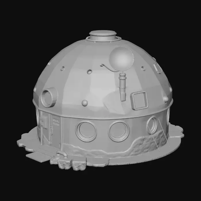 3D model for Small futuristic desert house inspired by Star Wars architecture. Compact single-family dwelling with rounded, domed concrete structure built into rocky terrain. Thick walls, smooth curved surfaces, simple rectangular door, small recessed windows.
Exterior details include vents, pipes, utility boxes, moisture harvester unit, antenna and small satellite dish on the roof. Subtle sci-fi technology integrated into the walls, functional and modest, middle-class home.
Weathered stone and plaster materials with sand wear, dust buildup, chipped edges. No vehicles, no characters.
Single unified hard-surface mesh, solid geometry, consistent thickness, no thin parts, symmetrical where possible, centered at origin, realistic scale. PBR-ready materials, clean topology suitable for game engine rendering