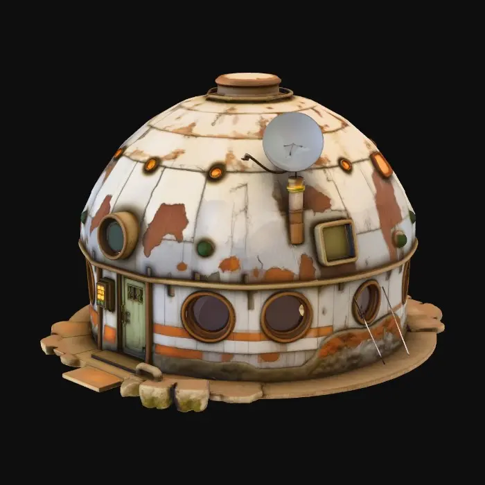 3D model for Small futuristic desert house inspired by Star Wars architecture. Compact single-family dwelling with rounded, domed concrete structure built into rocky terrain. Thick walls, smooth curved surfaces, simple rectangular door, small recessed windows.
Exterior details include vents, pipes, utility boxes, moisture harvester unit, antenna and small satellite dish on the roof. Subtle sci-fi technology integrated into the walls, functional and modest, middle-class home.
Weathered stone and plaster materials with sand wear, dust buildup, chipped edges. No vehicles, no characters.
Single unified hard-surface mesh, solid geometry, consistent thickness, no thin parts, symmetrical where possible, centered at origin, realistic scale. PBR-ready materials, clean topology suitable for game engine rendering