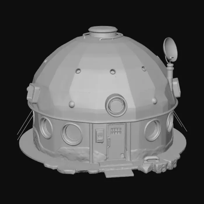 3D model for Small futuristic desert house inspired by Star Wars architecture. Compact single-family dwelling with rounded, domed concrete structure built into rocky terrain. Thick walls, smooth curved surfaces, simple rectangular door, small recessed windows.
Exterior details include vents, pipes, utility boxes, moisture harvester unit, antenna and small satellite dish on the roof. Subtle sci-fi technology integrated into the walls, functional and modest, middle-class home.
Weathered stone and plaster materials with sand wear, dust buildup, chipped edges. No vehicles, no characters.
Single unified hard-surface mesh, solid geometry, consistent thickness, no thin parts, symmetrical where possible, centered at origin, realistic scale. PBR-ready materials, clean topology suitable for game engine rendering