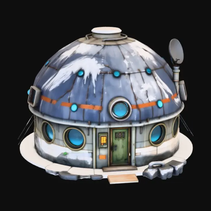 3D model for Small futuristic desert house inspired by Star Wars architecture. Compact single-family dwelling with rounded, domed concrete structure built into rocky terrain. Thick walls, smooth curved surfaces, simple rectangular door, small recessed windows.
Exterior details include vents, pipes, utility boxes, moisture harvester unit, antenna and small satellite dish on the roof. Subtle sci-fi technology integrated into the walls, functional and modest, middle-class home.
Weathered stone and plaster materials with sand wear, dust buildup, chipped edges. No vehicles, no characters.
Single unified hard-surface mesh, solid geometry, consistent thickness, no thin parts, symmetrical where possible, centered at origin, realistic scale. PBR-ready materials, clean topology suitable for game engine rendering