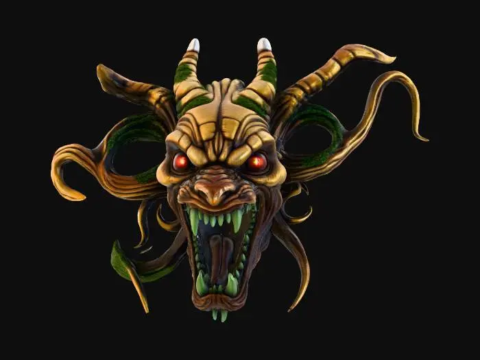 3D model for A hyper-realistic, demonic overgrown gate carved into stone, its twin doors forming the snarling face of a monstrous creature. The surface is gnarled with tangled, bark-like vines resembling twisted musculature, forming sinewy chest plates and shoulders. Fiery Red eyes, deep-set with an inner malevolence, pierce forward from beneath heavy, furrowed brows. At the center, two symmetrical tusks from the mouth, yellowed with age and stained near the roots. Between them, serrated fangs form a sneer, seamlessly bisected by the gate seam. Veins of green moss sprout from crevices, contrasting against dark mahogany and sickly bone textures. Every contour—each crack, root, and fang—wraps organically into the stone frame, creating the illusion of a living entity trapped within the architecture.