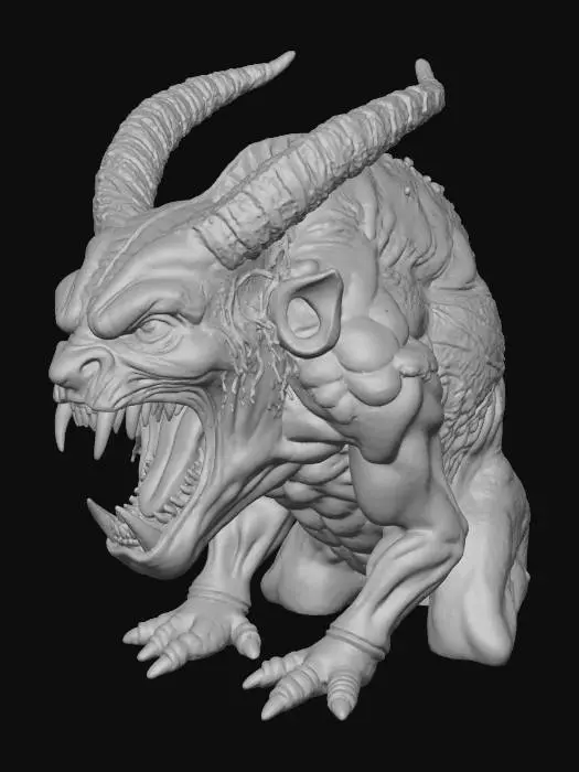 3D model for A hyper-realistic, demonic overgrown gate carved into stone, its twin doors forming the snarling face of a monstrous creature. The surface is gnarled with tangled, bark-like vines resembling twisted musculature, forming sinewy chest plates and shoulders. Fiery Red eyes, deep-set with an inner malevolence, pierce forward from beneath heavy, furrowed brows. At the center, two symmetrical tusks from the mouth, yellowed with age and stained near the roots. Between them, serrated fangs form a sneer, seamlessly bisected by the gate seam. Veins of green moss sprout from crevices, contrasting against dark mahogany and sickly bone textures. Every contour—each crack, root, and fang—wraps organically into the stone frame, creating the illusion of a living entity trapped within the architecture.