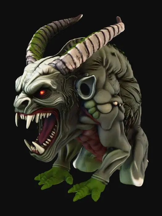 3D model for A hyper-realistic, demonic overgrown gate carved into stone, its twin doors forming the snarling face of a monstrous creature. The surface is gnarled with tangled, bark-like vines resembling twisted musculature, forming sinewy chest plates and shoulders. Fiery Red eyes, deep-set with an inner malevolence, pierce forward from beneath heavy, furrowed brows. At the center, two symmetrical tusks from the mouth, yellowed with age and stained near the roots. Between them, serrated fangs form a sneer, seamlessly bisected by the gate seam. Veins of green moss sprout from crevices, contrasting against dark mahogany and sickly bone textures. Every contour—each crack, root, and fang—wraps organically into the stone frame, creating the illusion of a living entity trapped within the architecture.