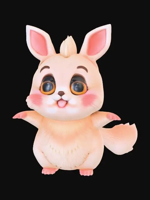 3D model for A realistic, undeniably cute creature with a soft, rounded face dominated by large, shimmering eyes that convey gentle curiosity. Its small, moist button nose twitches delicately above a soft, slightly upturned muzzle, complemented by tiny, almost invisible whiskers and small, fuzzy ears. Its diminutive hands are incredibly dexterous, featuring soft, padded palms and tiny, blunt claws on each digit, capable of a gentle grasp. The creature's small, plump feet are equally padded, with smooth toe beans and delicate, firm claws, offering a soft yet stable grip, giving a tactile impression of velvety fur.