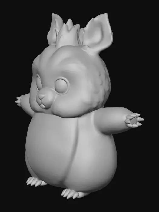 3D model for A realistic, undeniably cute creature with a soft, rounded face dominated by large, shimmering eyes that convey gentle curiosity. Its small, moist button nose twitches delicately above a soft, slightly upturned muzzle, complemented by tiny, almost invisible whiskers and small, fuzzy ears. Its diminutive hands are incredibly dexterous, featuring soft, padded palms and tiny, blunt claws on each digit, capable of a gentle grasp. The creature's small, plump feet are equally padded, with smooth toe beans and delicate, firm claws, offering a soft yet stable grip, giving a tactile impression of velvety fur.