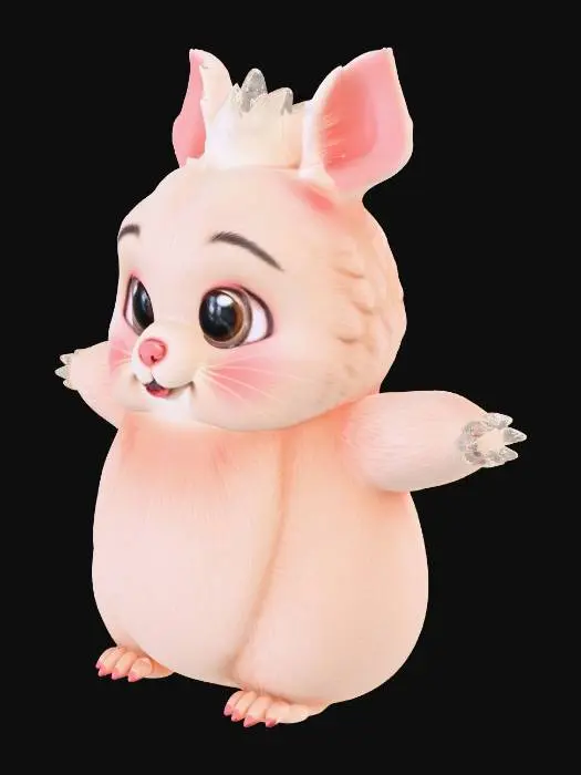 3D model for A realistic, undeniably cute creature with a soft, rounded face dominated by large, shimmering eyes that convey gentle curiosity. Its small, moist button nose twitches delicately above a soft, slightly upturned muzzle, complemented by tiny, almost invisible whiskers and small, fuzzy ears. Its diminutive hands are incredibly dexterous, featuring soft, padded palms and tiny, blunt claws on each digit, capable of a gentle grasp. The creature's small, plump feet are equally padded, with smooth toe beans and delicate, firm claws, offering a soft yet stable grip, giving a tactile impression of velvety fur.
