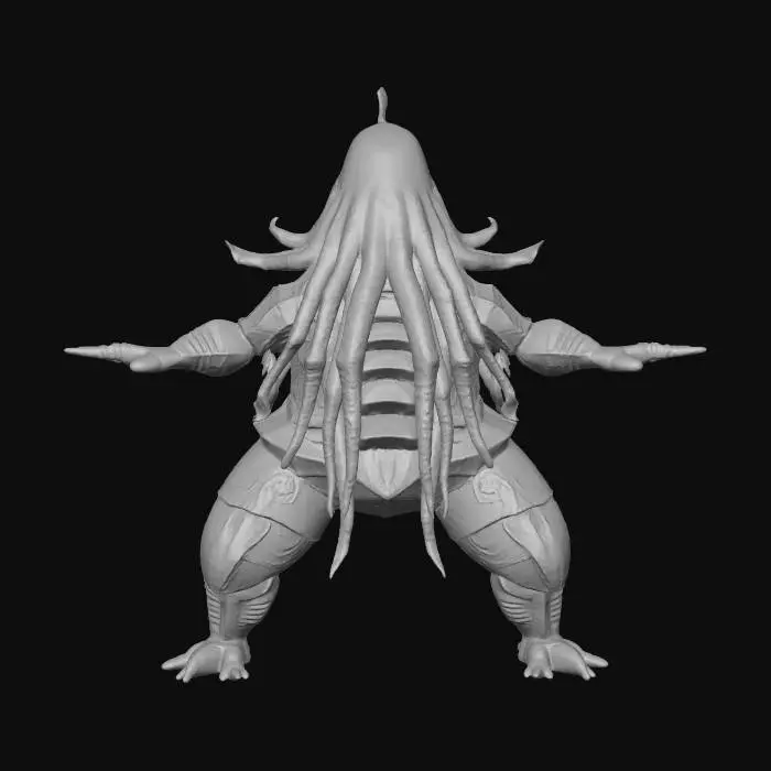 3D model for A colossal, ultra-realistic kraken tentacle emerges, its immense girth tapering towards a powerful, prehensile tip. Its dark, rubbery flesh, deep oceanic green-brown, is marred with ancient scars and ragged tears, exposing raw, reddish muscle fibers underneath. Large, bowl-shaped suckers line its underside, each possessing a firm, slightly glistening surface and often rimmed with razor-sharp, chitinous teeth or hooks, creating a truly gruesome and intimidating appearance. The texture is a repulsive blend of slick, firm muscle and rough, abraded skin, conveying immense power.