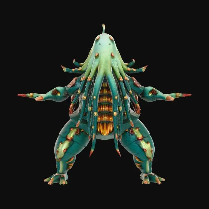 3D model for A colossal, ultra-realistic kraken tentacle emerges, its immense girth tapering towards a powerful, prehensile tip. Its dark, rubbery flesh, deep oceanic green-brown, is marred with ancient scars and ragged tears, exposing raw, reddish muscle fibers underneath. Large, bowl-shaped suckers line its underside, each possessing a firm, slightly glistening surface and often rimmed with razor-sharp, chitinous teeth or hooks, creating a truly gruesome and intimidating appearance. The texture is a repulsive blend of slick, firm muscle and rough, abraded skin, conveying immense power.