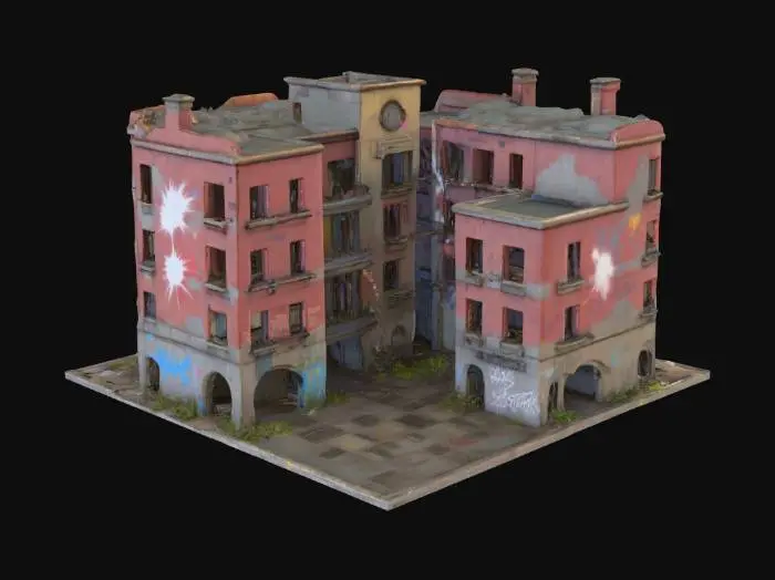 3D model for Render a compact, abandoned cityscape. Include a mix of multi-story brick buildings, tight alleys, and graffiti. Paintball splatters in blue, red, and yellow should cover walls and streets. Low-poly, optimized for game engine.