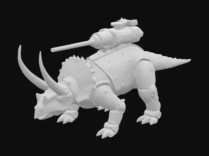 3D model for 一只三角龙机甲，其庞大的身躯和坚硬的头部骨骼完全附着着坚固的深色合金，表面光滑且泛着金属光泽，显得坚不可摧。双脚安装有高性能的合金减震装置，使其行动稳重。背部中央搭载一个巨大的坦克炮台，炮筒粗大有力，预示着强大的火力。三角龙标志性的三根角和颈盾也被合金强化，整体形象威严而充满未来科技的压迫感。