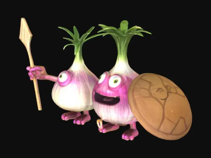 3D model for 一只圆胖可爱的卡通洋葱怪，由半透明的白紫色鳞茎层叠而成，表皮光滑，顶端有嫩绿的葱叶。它那粗短的手中，紧握一柄修长的木质或金属长枪。它身旁是一只同样肥胖的卡通大蒜怪，由紧密堆叠的白色蒜瓣构成，表皮干燥粗糙，手持一个厚重的大圆形盾牌。它们憨厚地站在一起，似乎在互相协助，形象独特而充满趣味。