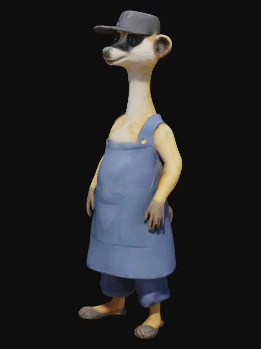 3D model for 一只中等身材、体态修长偏高的狐獴人厨师，脖子修长，溜肩体型，全身覆盖着柔软顺滑的毛发。它头戴一顶简洁的黑色鸭舌帽，帽檐略微遮盖住其略显偏小的眼睛，显得机警而专注。身上穿着一条深蓝色的厨师围裙，材质厚实且平整，勾勒出其纤细修长的身形。面部特征保留了狐獴的灵动，嘴巴较短，尖尖的口鼻，整体形象显得专业且充满活力。