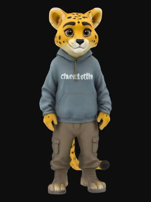 3D model for 一只中等身材、身高中等的猎豹人，体态微胖，毛发呈经典的沙黄色，点缀着清晰的黑色斑点，质感柔软顺滑。它拥有一张略带方形的脸庞，嘴角上扬，挂着友善的微笑。背部略微有些佝偻，显得勤恳而谦逊。他身穿一件深蓝色的连帽卫衣，布料厚实，胸前印有白色的“delivery”字样，搭配一条材质坚韧的黑色工装裤和结实的黑色工装靴。