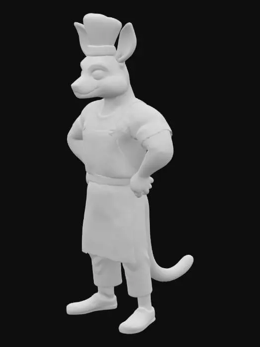 3D model for 一只身材高大、骨架宽阔的男性袋鼠人主厨，四肢修长，拥有明显但不夸张的肌肉线条，体态健硕。他头戴一顶挺括的白色厨师帽，身穿洁净的白色厨师围裙，内搭黑色上衣和黑色长裤，脚穿防滑的黑色厨师鞋。面部特征带有澳洲土著的粗犷与深邃，整体形象显得沉稳而专业。