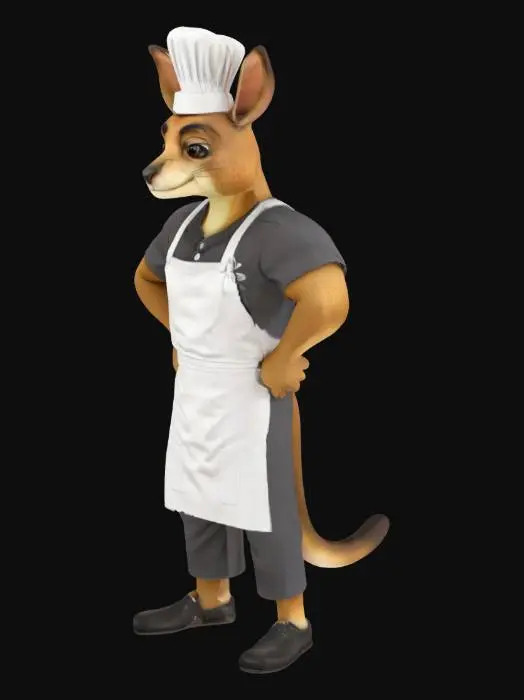 3D model for 一只身材高大、骨架宽阔的男性袋鼠人主厨，四肢修长，拥有明显但不夸张的肌肉线条，体态健硕。他头戴一顶挺括的白色厨师帽，身穿洁净的白色厨师围裙，内搭黑色上衣和黑色长裤，脚穿防滑的黑色厨师鞋。面部特征带有澳洲土著的粗犷与深邃，整体形象显得沉稳而专业。
