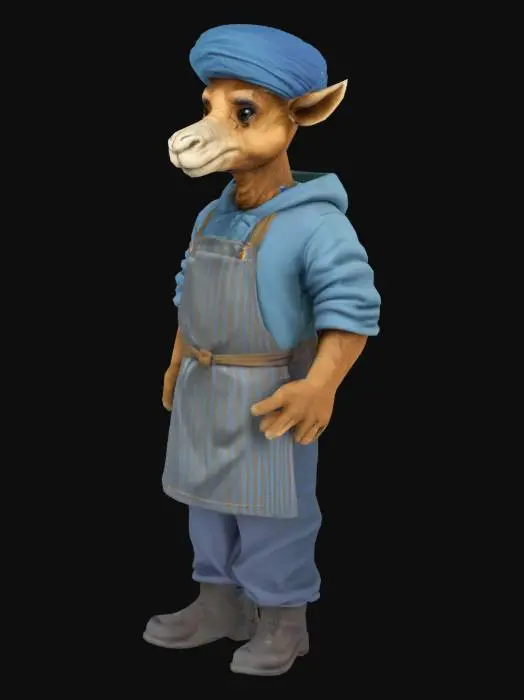 3D model for 一只身材瘦高、腿部修长的骆驼人厨师,全身覆盖着浅棕色短而均匀的毛发,触感柔软,肌肉线条不明显。它头戴一顶精致的印度锡克教头巾,布料柔软且色彩鲜艳。身上穿着一件蓝色连帽卫衣,外罩一条厚实的蓝白条纹厨师围裙。下身搭配深蓝色工装裤和一双结实的黑色工装靴。骆驼特有的长脖子和带有温顺表情的脸部特征,使其整体形象显得独特而沉静。