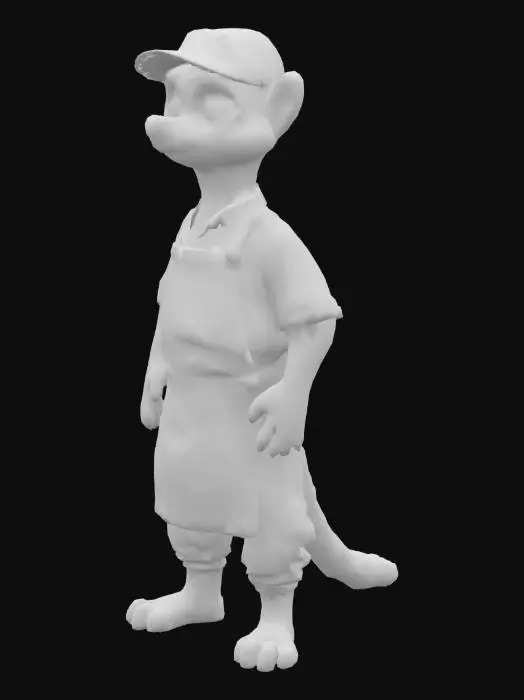 3D model for 一只身材偏瘦，略带小肚子的狐猴人厨师长，全身覆盖着柔软细腻的棕色皮毛。它头戴一顶简洁的黑色鸭舌帽，身穿深蓝色的短袖上衣，外罩一条朴实厚重的棕色厨师围裙。下身搭配黑色工装裤和一双结实的黑色工装鞋。狐猴特有的灵动面部，眼神敏锐，整体形象显得干练而略带一丝随性。