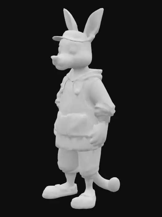 3D model for 一只身材矮小的袋鼠人，全身覆盖着柔软的棕色短毛。它穿着一件宽松的黑色卫衣，头戴一顶同色系的黑色棉帽。外面罩着一条深蓝色的厨师围裙，材质显得厚实且耐用。下身搭配黑色长裤，脚上则是一双大码的黑色工装鞋，看起来坚固而略显笨重。整体形象透着一股憨厚与实用感。