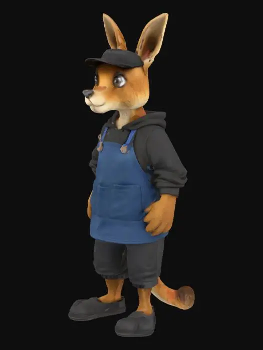 3D model for 一只身材矮小的袋鼠人，全身覆盖着柔软的棕色短毛。它穿着一件宽松的黑色卫衣，头戴一顶同色系的黑色棉帽。外面罩着一条深蓝色的厨师围裙，材质显得厚实且耐用。下身搭配黑色长裤，脚上则是一双大码的黑色工装鞋，看起来坚固而略显笨重。整体形象透着一股憨厚与实用感。