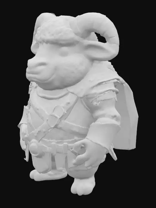 3D model for 一只可爱的卡通绵羊人，身形肥胖圆润，拥有一个巨大且比例夸张的羊头，与短小的人形身体形成1:1的憨态比例。其头上生有两只巨大弯曲的羊角。面部布满了浓密蓬松的白色胡须。它身着一套坚固的维京战斗服和盔甲，材质包含粗犷的皮革与金属，表面可能带有磨损的痕迹。圆胖的身体和短小的四肢，使其整体形象显得笨拙而充满卡通式的力量感。